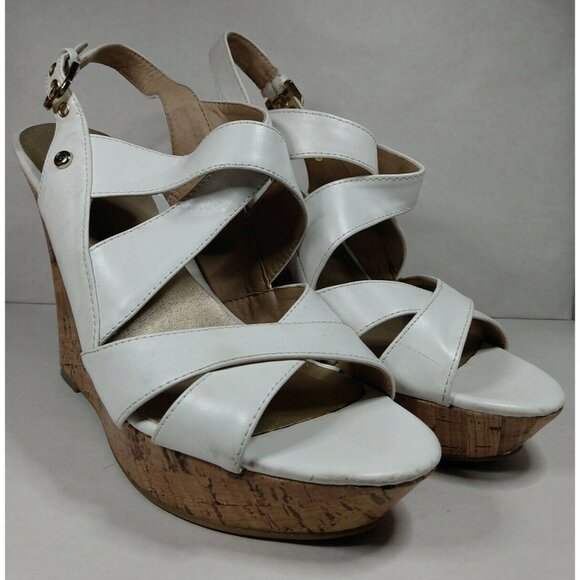 G by Guess Women's White Faux Leather 5" Cork Wedge Heel Strappy Sandal 8.5 M - Picture 2 of 12